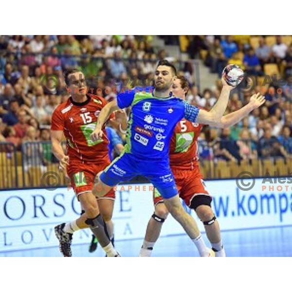 Blaz Janc of Slovenia in action during handball match between Slovenia and Norway in Qualification for World Championships France 2017, played in Zlatorog Hall, Celje, Slovenia on June 11, 2016