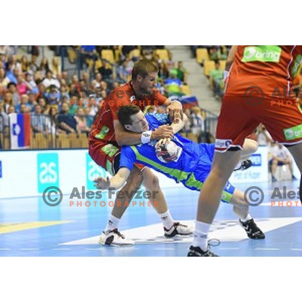 Miha Zarabec in action during handball match between Slovenia and Norway in Qualification for World Championships France 2017, played in Zlatorog Hall, Celje, Slovenia on June 11, 2016