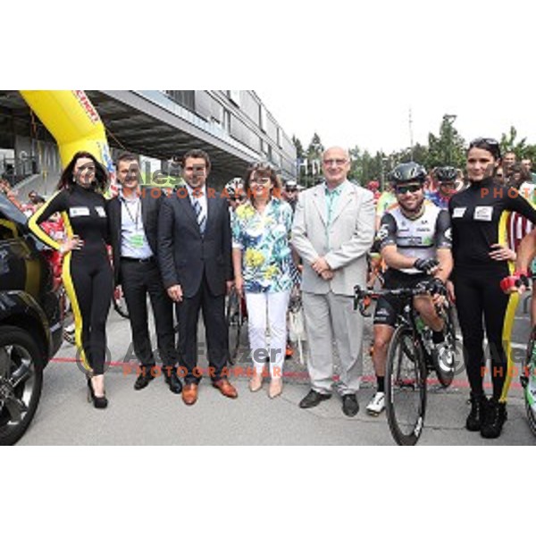 Mojca Novak, Bogdan Gabrovec, Mark Cavendish at official team presentation before start of first stage Tour of Slovenia 2016 in Ljubljana on June 16, 2016