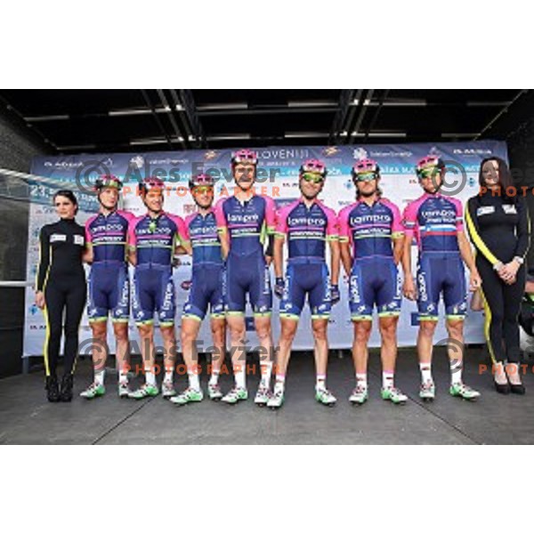 Luka Pibernik, Matej Mohoric and Marko Kump of Lampre Merida at official team presentation before start of first stage Tour of Slovenia 2016 in Ljubljana on June 16, 2016