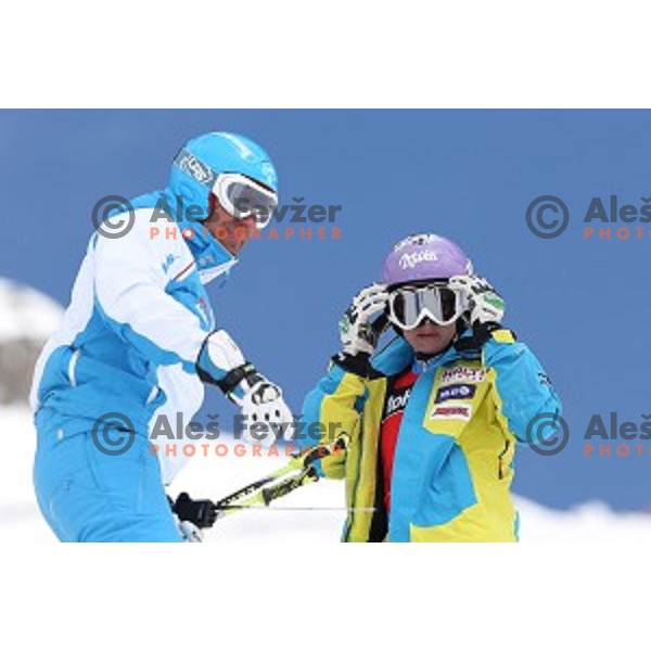 Sandi Murovec and Tina Maze warms-up before shooting a ski movie Seven to Heaven at Moelltal Glacier in Austria on April 14, 2016