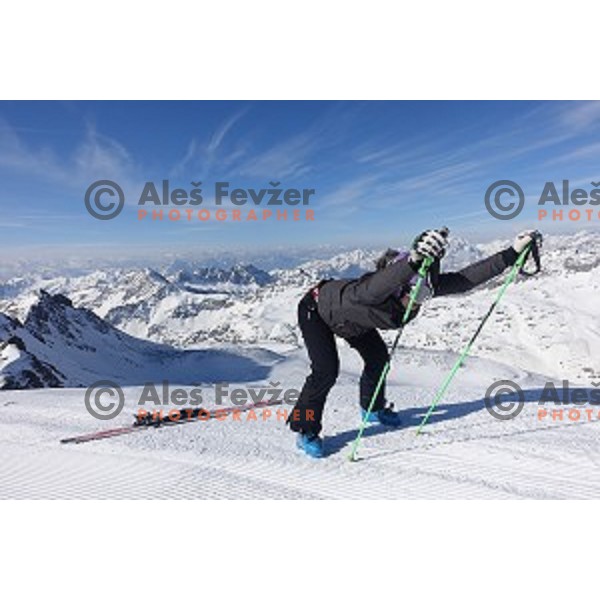 Tina Maze warms-up before shooting a ski movie Seven to Heaven at Moelltal Glacier in Austria on April 14, 2016