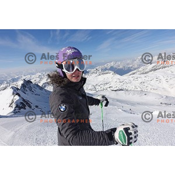 Tina Maze warms-up before shooting a ski movie Seven to Heaven at Moelltal Glacier in Austria on April 14, 2016
