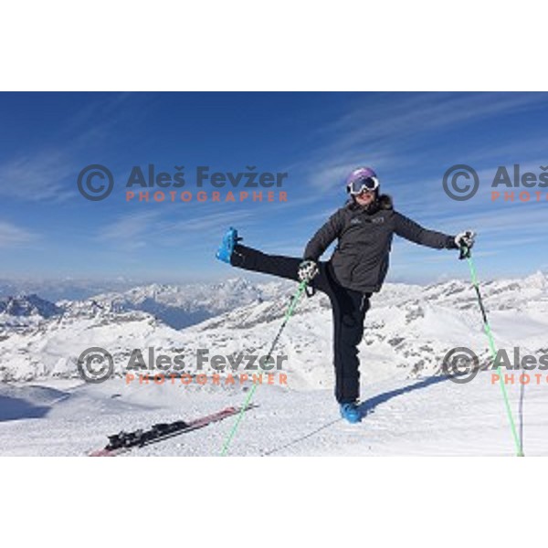 Tina Maze warms-up before shooting a ski movie Seven to Heaven at Moelltal Glacier in Austria on April 14, 2016