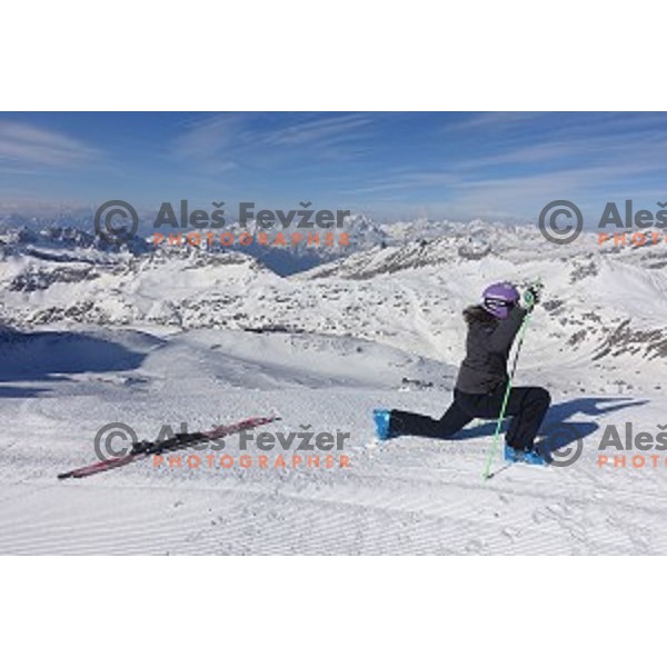 Tina Maze warms-up before shooting a ski movie Seven to Heaven at Moelltal Glacier in Austria on April 14, 2016