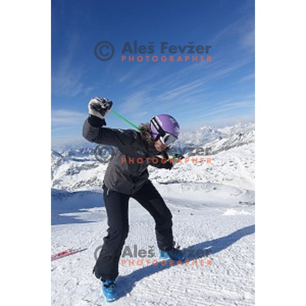 Tina Maze warms-up before shooting a ski movie Seven to Heaven at Moelltal Glacier in Austria on April 14, 2016