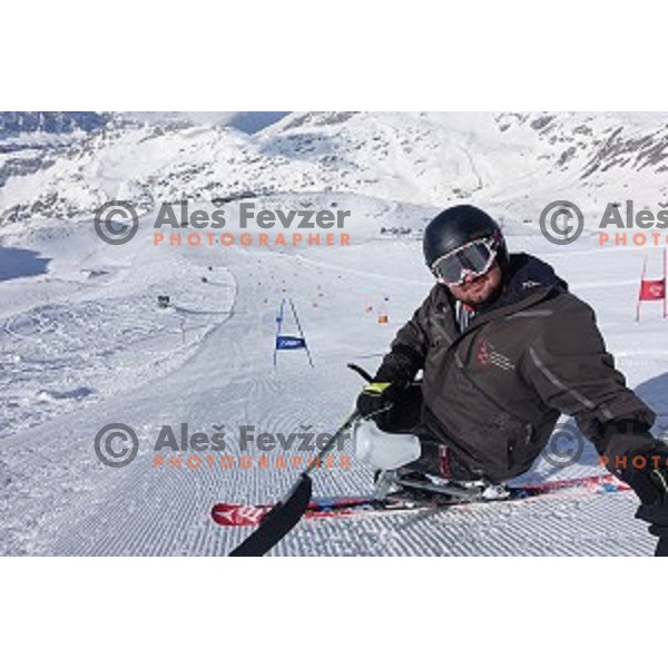 Paraolympic skier Dino Sokolovic of Croatia warms-up before skiing at Moelltal Glacier in Austria on April 14, 2016