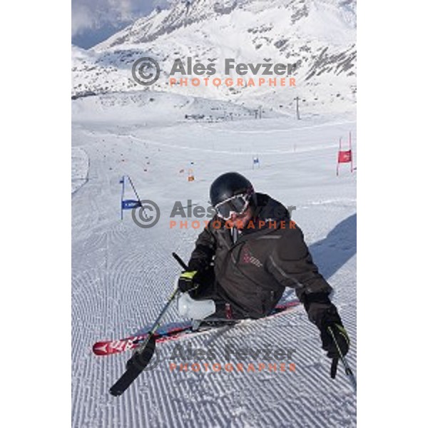 Paraolympic skier Dino Sokolovic of Croatia warms-up before skiing at Moelltal Glacier in Austria on April 14, 2016