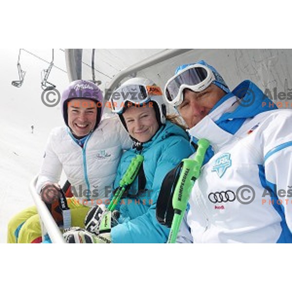 Tina Maze, Ana Drev and Sandi Murovec at Moelltal Glacier in Austria on April 14, 2016