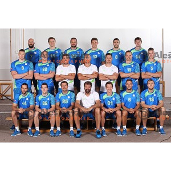 Veselin Vujovic and members of Slovenia Olympic Handball Team at official photo shooting in hotel Planja at Rogla Olympic Centre, Slovenia on July 4, 2016