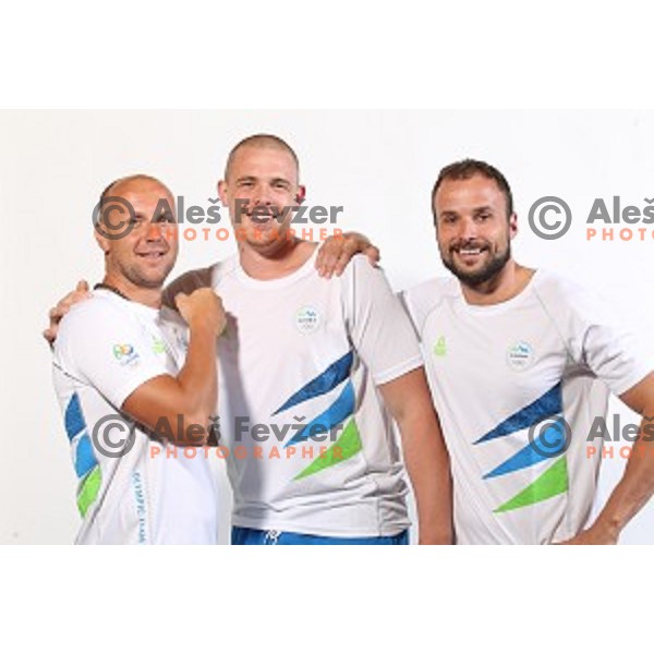 Gorazd Skof, Matej Gaber and Uros Zorman, members of Slovenia Olympic Handball Team at official photo shooting in hotel Planja at Rogla Olympic Centre, Slovenia on July 4, 2016