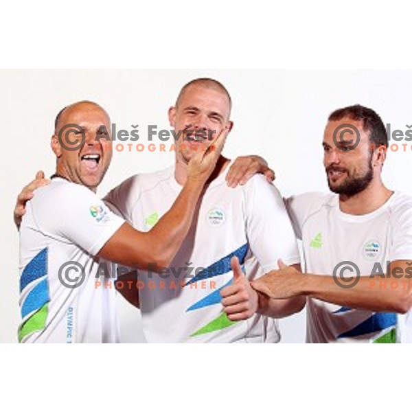 Gorazd Skof, Matej Gaber and Uros Zorman, members of Slovenia Olympic Handball Team at official photo shooting in hotel Planja at Rogla Olympic Centre, Slovenia on July 4, 2016