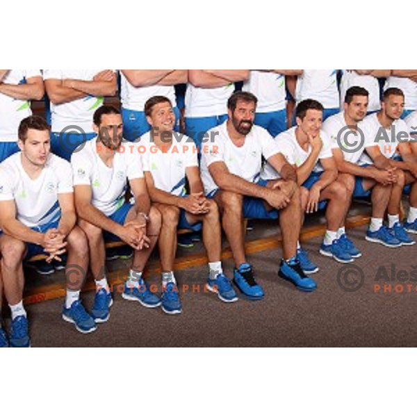 Miha Zarabec, Dean Bombac, Marko Bezjak, Veselin Vujovic, Simon Razgor, members of Slovenia Olympic Handball Team at official photo shooting in hotel Planja at Rogla Olympic Centre, Slovenia on July 4, 2016