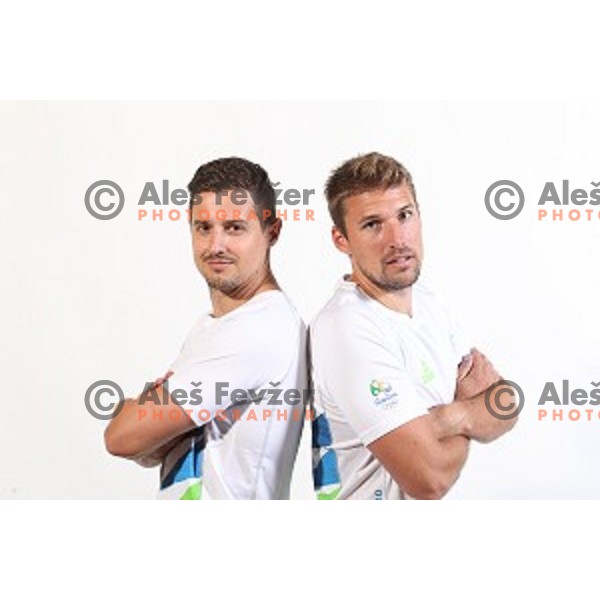 Matevz Skok, Urban Lesjak, members of Slovenia Olympic Handball Team at official photo shooting in hotel Planja at Rogla Olympic Centre, Slovenia on July 4, 2016