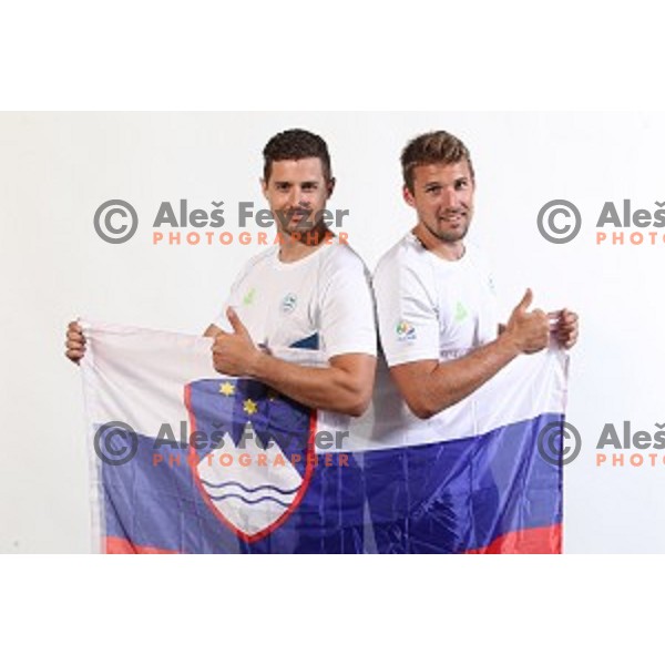 Matevz Skok, Urban Lesjak, members of Slovenia Olympic Handball Team at official photo shooting in hotel Planja at Rogla Olympic Centre, Slovenia on July 4, 2016