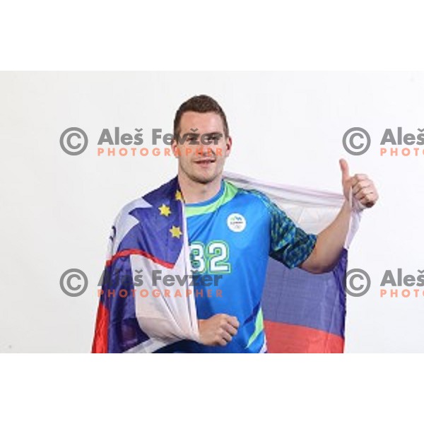 Miha Zarabec, member of Slovenia Olympic Handball Team at official photo shooting in hotel Planja at Rogla Olympic Centre, Slovenia on July 4, 2016