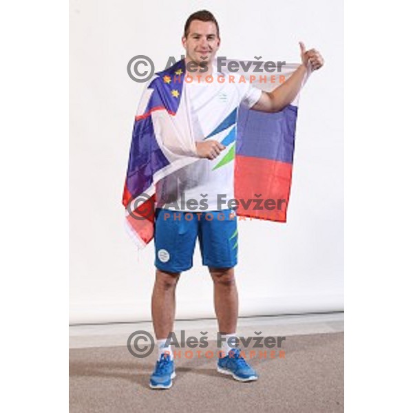 Miha Zarabec, member of Slovenia Olympic Handball Team at official photo shooting in hotel Planja at Rogla Olympic Centre, Slovenia on July 4, 2016