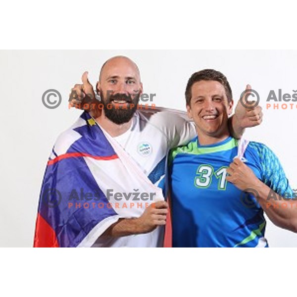 Vid Kavticnik and Simon Razgor, members of Slovenia Olympic Handball Team at official photo shooting in hotel Planja at Rogla Olympic Centre, Slovenia on July 4, 2016