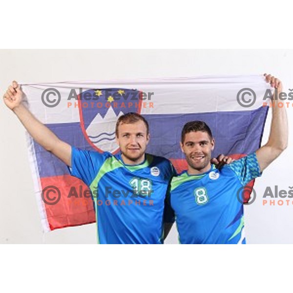 Ziga Mlakar and Blaz Janc, members of Slovenia Olympic Handball Team at official photo shooting in hotel Planja at Rogla Olympic Centre, Slovenia on July 4, 2016