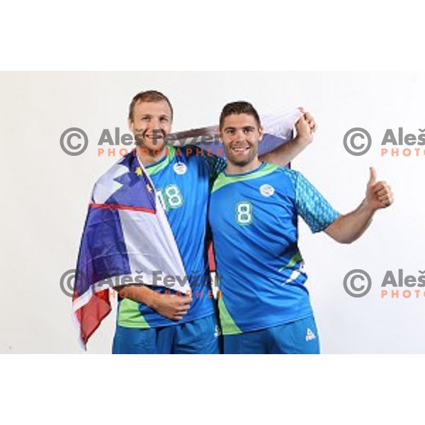 Ziga Mlakar and Blaz Janc, members of Slovenia Olympic Handball Team at official photo shooting in hotel Planja at Rogla Olympic Centre, Slovenia on July 4, 2016