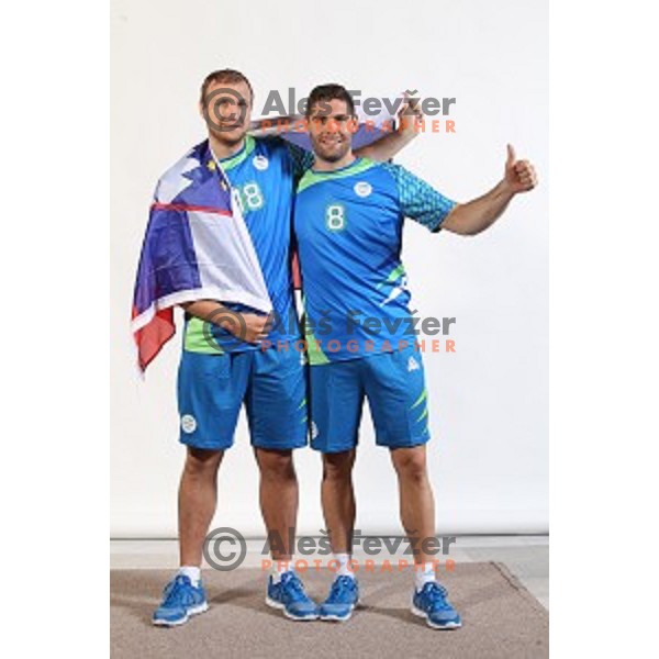 Ziga Mlakar and Blaz Janc, members of Slovenia Olympic Handball Team at official photo shooting in hotel Planja at Rogla Olympic Centre, Slovenia on July 4, 2016