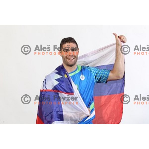 Blaz Janc, member of Slovenia Olympic Handball Team at official photo shooting in hotel Planja at Rogla Olympic Centre, Slovenia on July 4, 2016