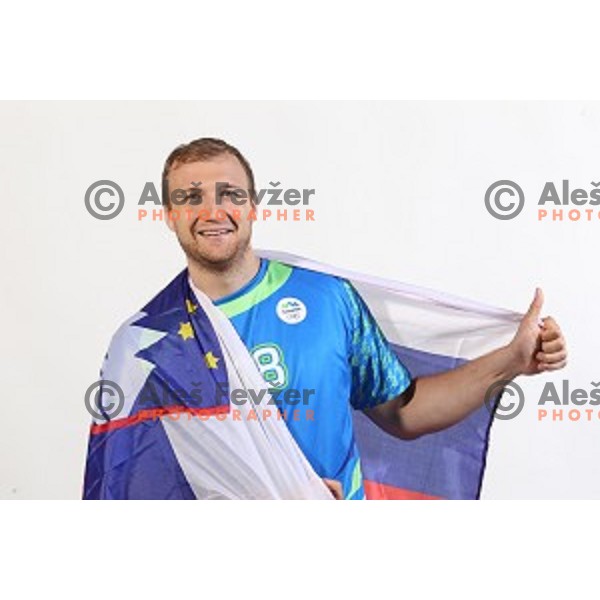 Ziga Mlakar, member of Slovenia Olympic Handball Team at official photo shooting in hotel Planja at Rogla Olympic Centre, Slovenia on July 4, 2016