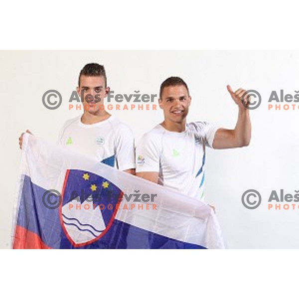 NIk Henigman and Vid Poteko, members of Slovenia Olympic Handball Team at official photo shooting in hotel Planja at Rogla Olympic Centre, Slovenia on July 4, 2016