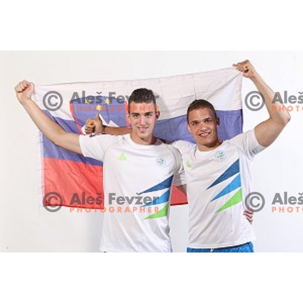 NIk Henigman and Vid Poteko, members of Slovenia Olympic Handball Team at official photo shooting in hotel Planja at Rogla Olympic Centre, Slovenia on July 4, 2016