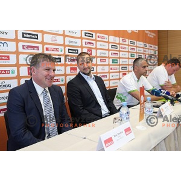Miro Smrekar and Matej Erjavec, president of Slovenia Basketball Federation during KZS press conference in Radisson Blu Plaza hotel in Ljubljana, Slovenia on July 8, 2016