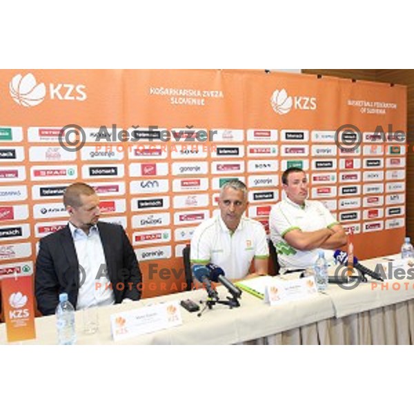 Matej Erjavec, Igor Kokoskov, head coach of Slovenia National Basketball team and Matjaz Smodis during KZS press conference in Radisson Blu Plaza hotel in Ljubljana, Slovenia on July 8, 2016