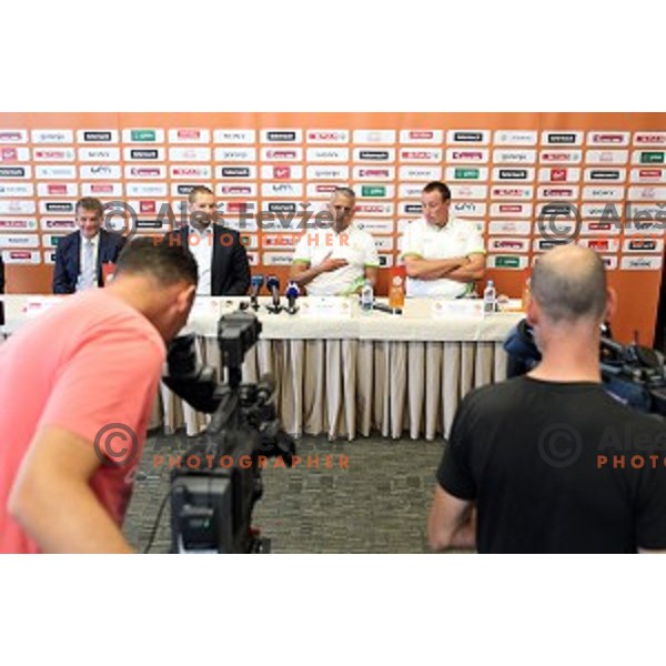 Matej Erjavec, Igor Kokoskov, head coach of Slovenia National Basketball team and Matjaz Smodis during KZS press conference in Radisson Blu Plaza hotel in Ljubljana, Slovenia on July 8, 2016