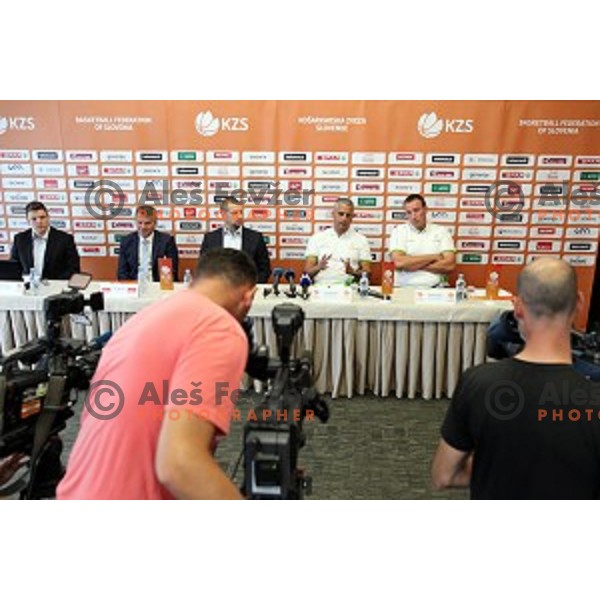 Matej Erjavec, Igor Kokoskov, head coach of Slovenia National Basketball team and Matjaz Smodis during KZS press conference in Radisson Blu Plaza hotel in Ljubljana, Slovenia on July 8, 2016