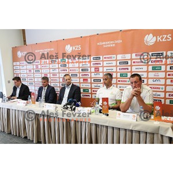 Matej Erjavec, Igor Kokoskov, head coach of Slovenia National Basketball team and Matjaz Smodis during KZS press conference in Radisson Blu Plaza hotel in Ljubljana, Slovenia on July 8, 2016