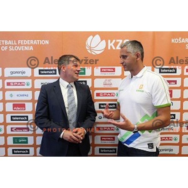 Miro Smrekar and Igor Kokoskov, head coach of Slovenia National Basketball team during KZS press conference in Radisson Blu Plaza hotel in Ljubljana, Slovenia on July 8, 2016