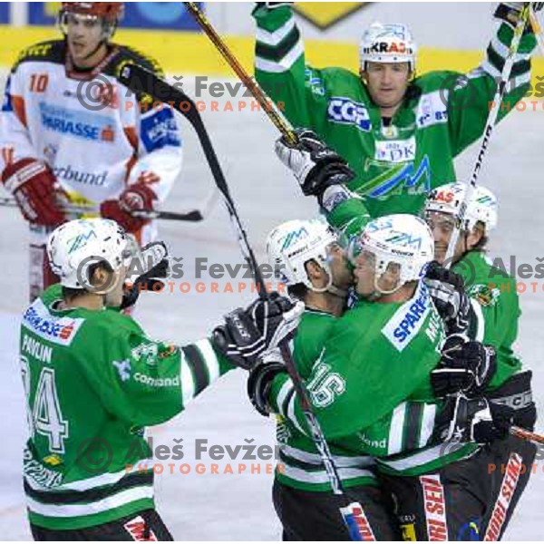 ZM Olimpija players celebrates goal at the first game of EBEL , ZM Olimpija : KAC 