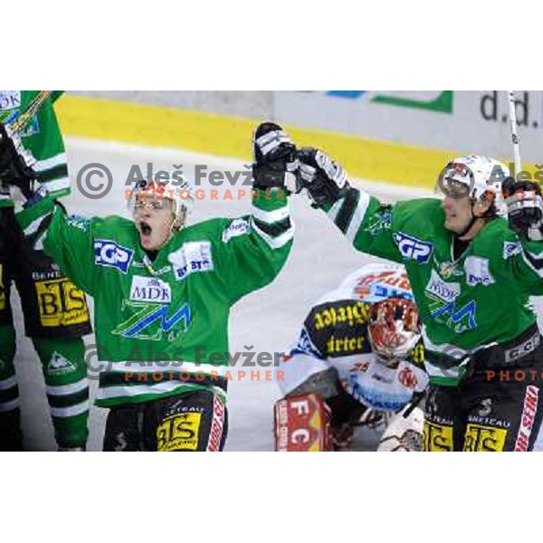 Ales Music celebrates his goal at the first game of EBEL , ZM Olimpija : KAC 