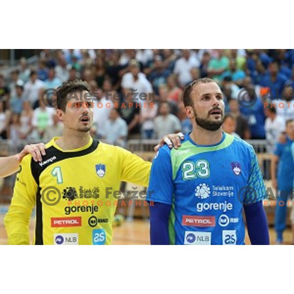 of Slovenia in action during friendly handball match between Slovenia and Croatia in Bonifika Hall, Koper, Slovenia on July 22, 2016