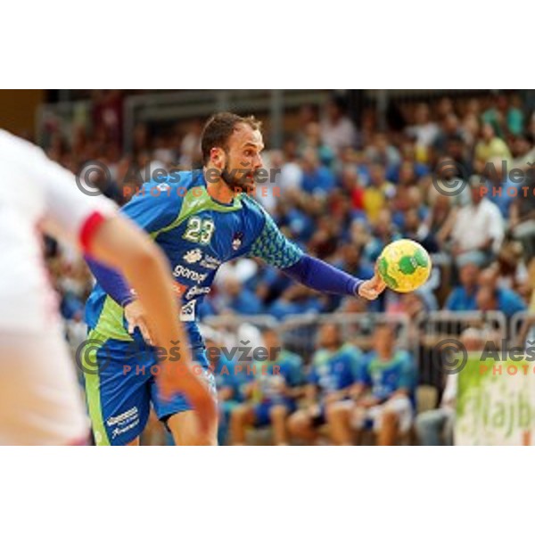 of Slovenia in action during friendly handball match between Slovenia and Croatia in Bonifika Hall, Koper, Slovenia on July 22, 2016