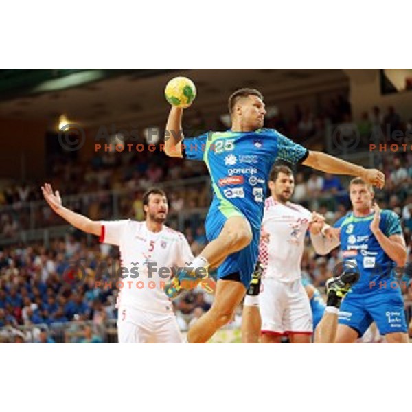 of Slovenia in action during friendly handball match between Slovenia and Croatia in Bonifika Hall, Koper, Slovenia on July 22, 2016