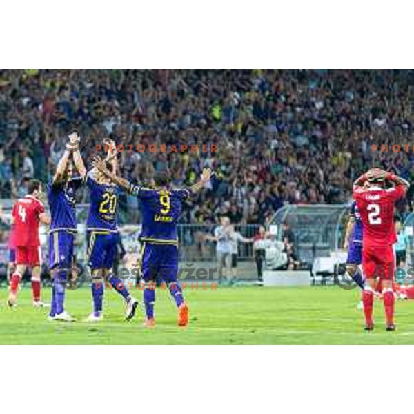 Milivoje Novakovic, Gregor Bajde and Marcos Tavares of Maribor celebrating during football match between Maribor and Aberdeen, 3rd qualifying round of UEFA Europa League 2016/17, played in Ljudski vrt, Maribor, Slovenia on August 4, 2016