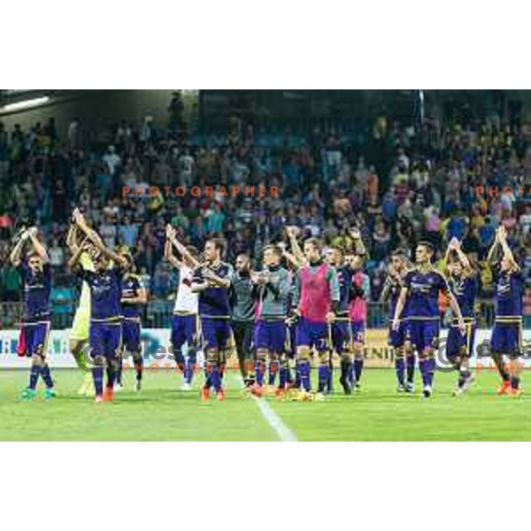 Marcos Tavares, Rodrigo Defendi, Aleks Pihler, Gregor Bajde, Ales Mertelj and other players of Maribor celebrating after football match between Maribor and Aberdeen, 3rd qualifying round of UEFA Europa League 2016/17, played in Ljudski vrt, Maribor, Slovenia on August 4, 2016