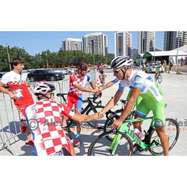 Djurasek of Croatia and Simon Spilak of Slovenia before practice for road cycling race on Grumari loop, Rio de Janeiro 2016 Olympic games on August 5, 2016