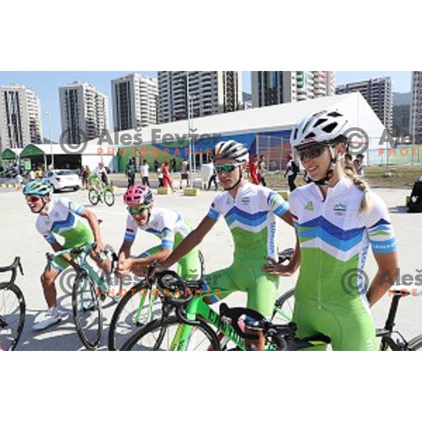 Primoz Roglic, Jan Polanc, Simon Spilak, Polona Batagelj of Slovenia before practice for road cycling race on Grumari loop, Rio de Janeiro 2016 Olympic games on August 5, 2016