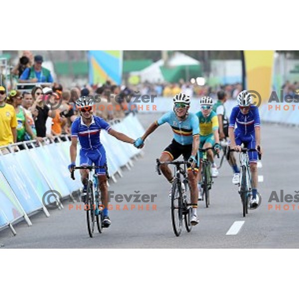 at the finish of Men\'s Road race during Rio de Janeiro 2016 Olympic games , Brasil on August 6, 2016
