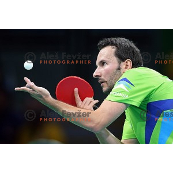 Bojan Tokic of Slovenia in action during men\'s Singles first round table tennis tournament at Rio de Janeiro 2016 Olympic games , Brasil on August 6, 2016