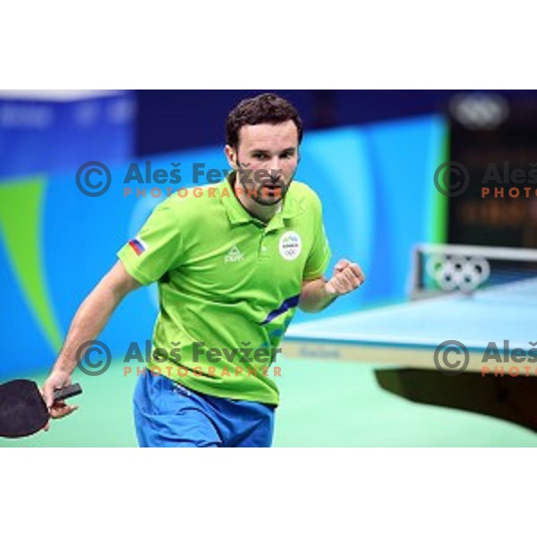 Bojan Tokic of Slovenia in action during men\'s Singles first round table tennis tournament at Rio de Janeiro 2016 Olympic games , Brasil on August 6, 2016