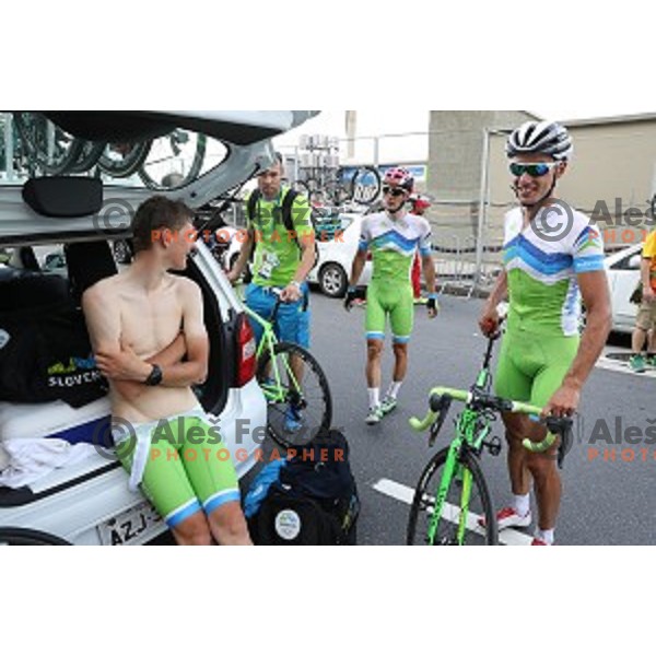 at the finish of Men\'s Road race during Rio de Janeiro 2016 Olympic games , Brasil on August 6, 2016