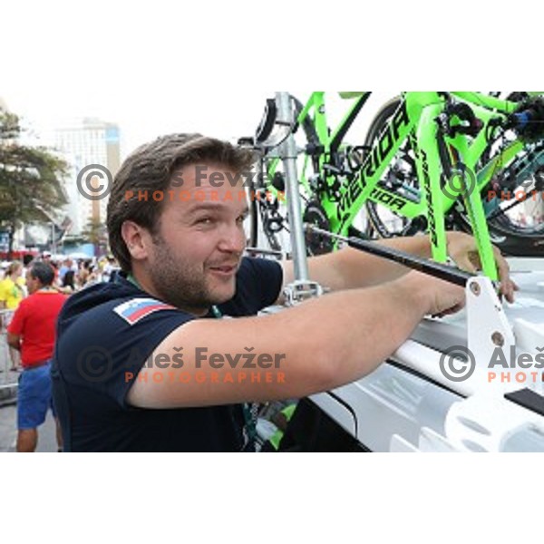 Slovenia cycling team mechanic Filip Tisma at the finish of Men\'s Road race during Rio de Janeiro 2016 Olympic games , Brasil on August 6, 2016