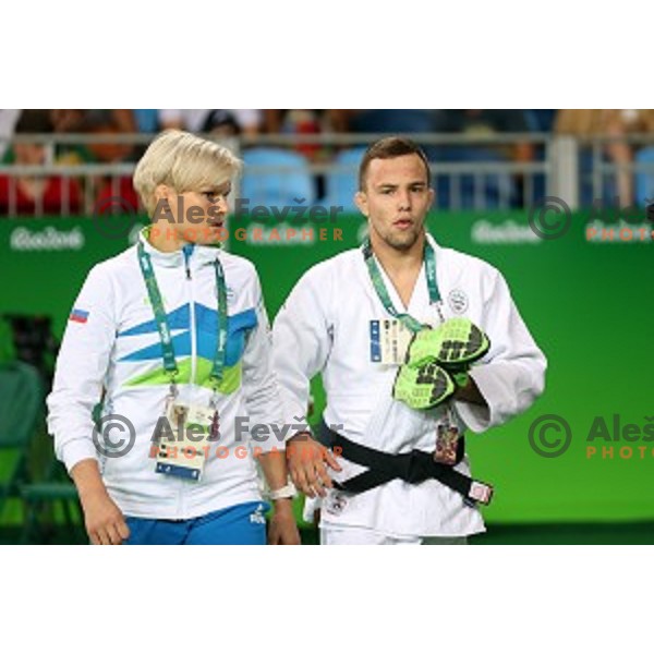 Coach Urska Zolnir and Adrian Gomboc after second round of Judo Men\'s -66 kg category at Rio de Janeiro 2016 Olympic games , Brasil on August 7, 2016
